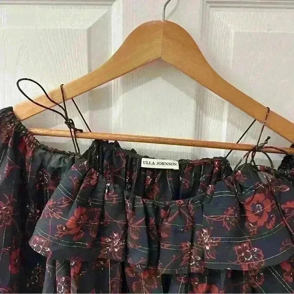 ULLA Johnson Coline Black Red Silk Off the Shoulder Spaghetti Strap Blouse 8 - Picture 7 of 8